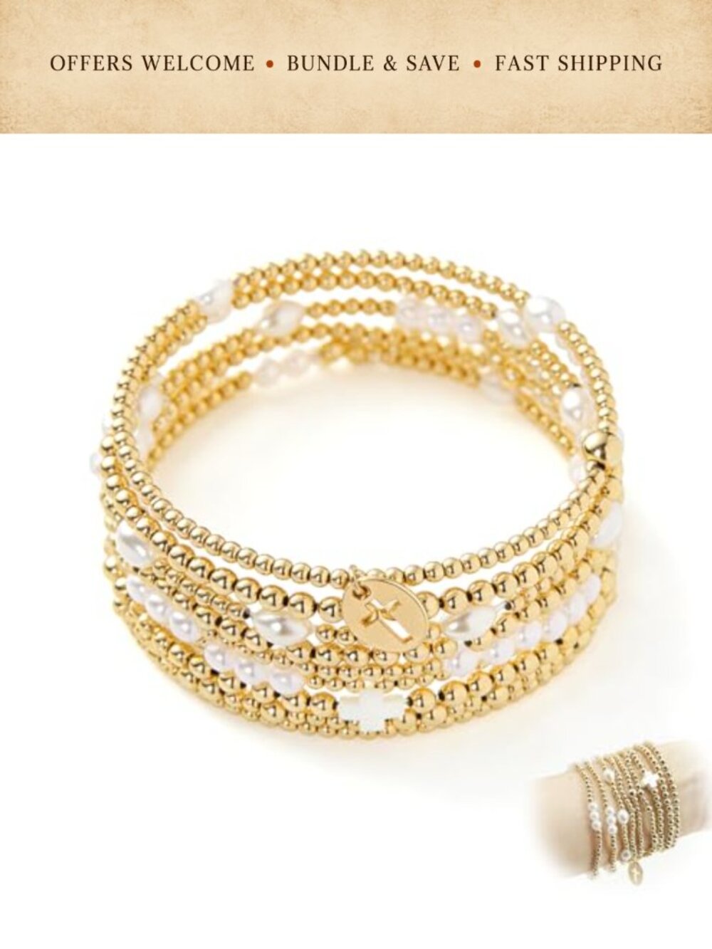 14K Gold Plated Cross Beaded Bracelet Set Faux Pearl Stackable Layered Women